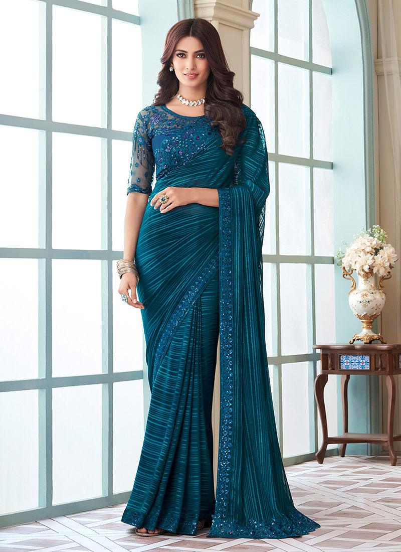 Teal Green Silk Fabric Embroidered Saree Free Shipping The Cheapest