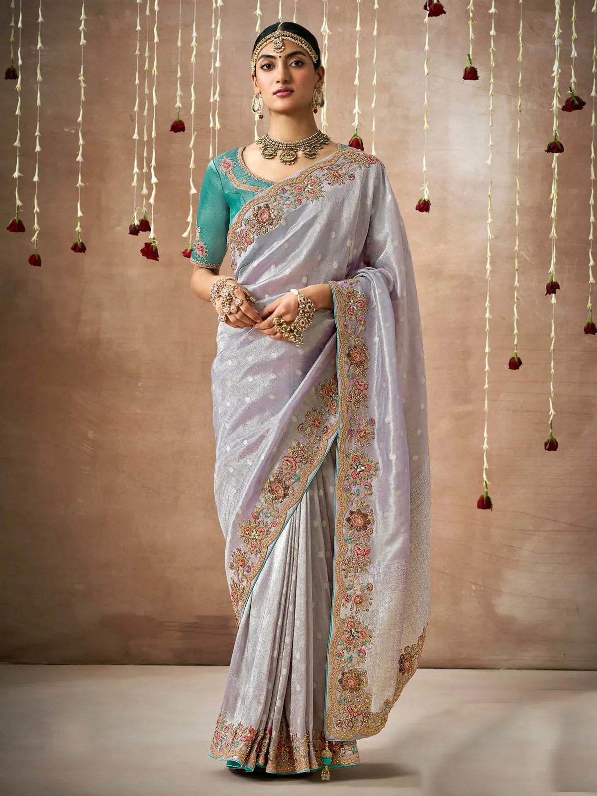 Pleasing Lavender Designer Silk Embroidered Saree Sale Cheap Pice