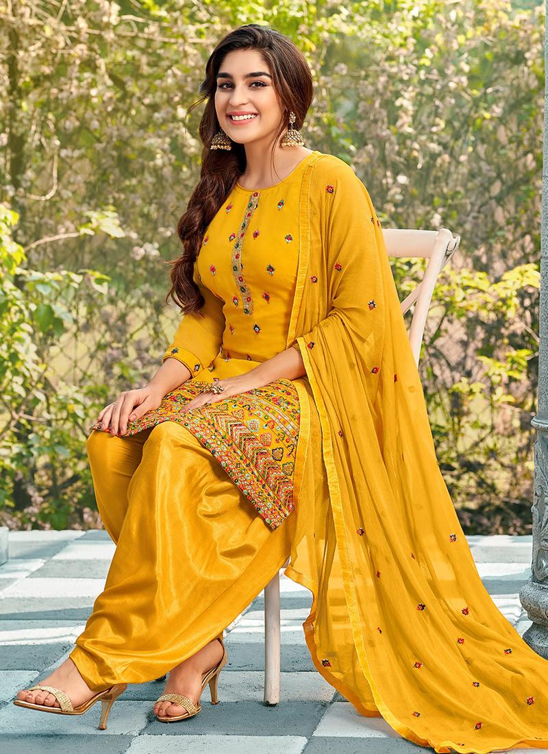 Georgette Base Yellow Punjabi Salwar Suit Discount Store