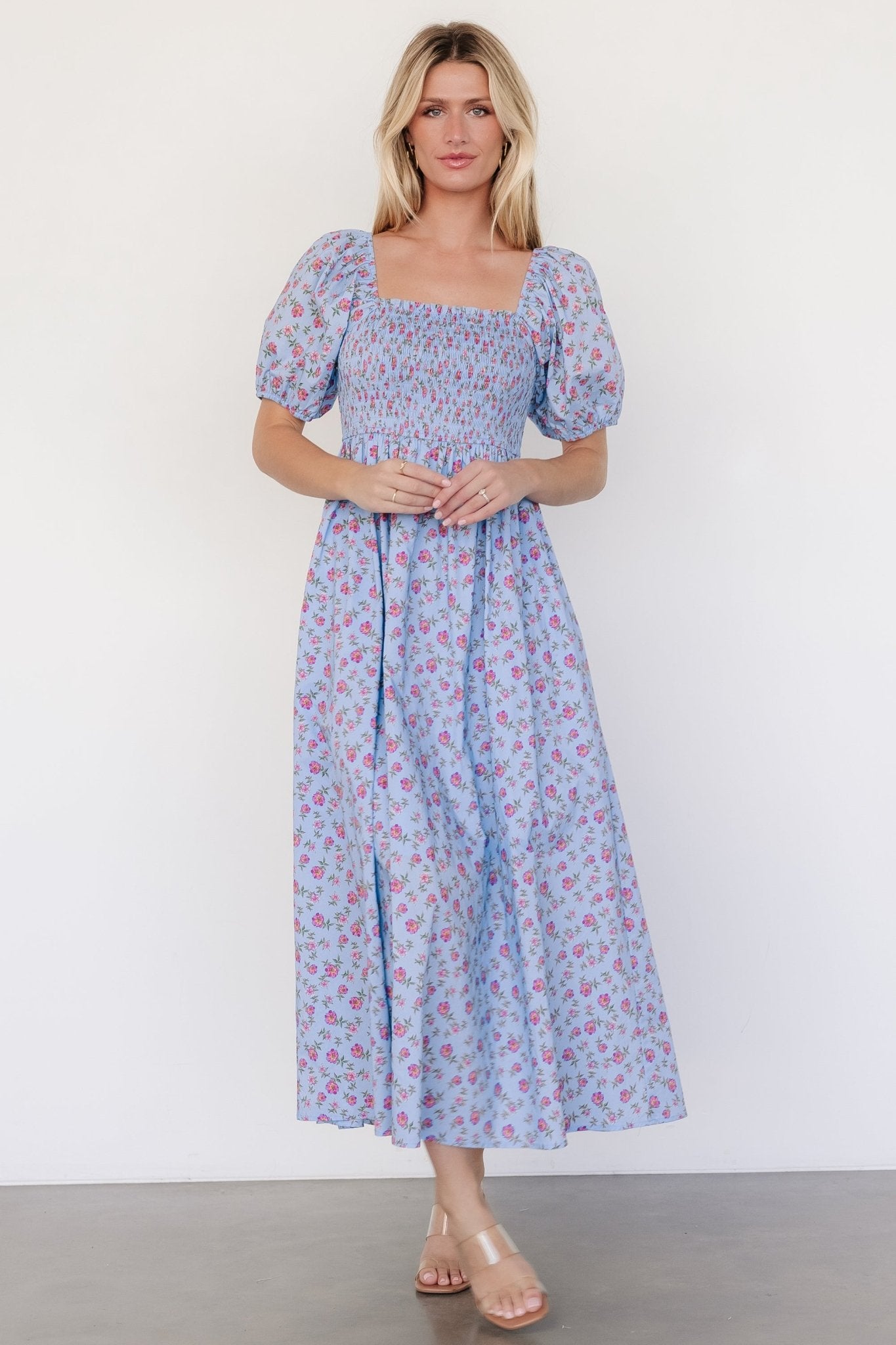 Haddie Smocked Midi Dress | Light Blue + Rose Floral For Sale Cheap Online