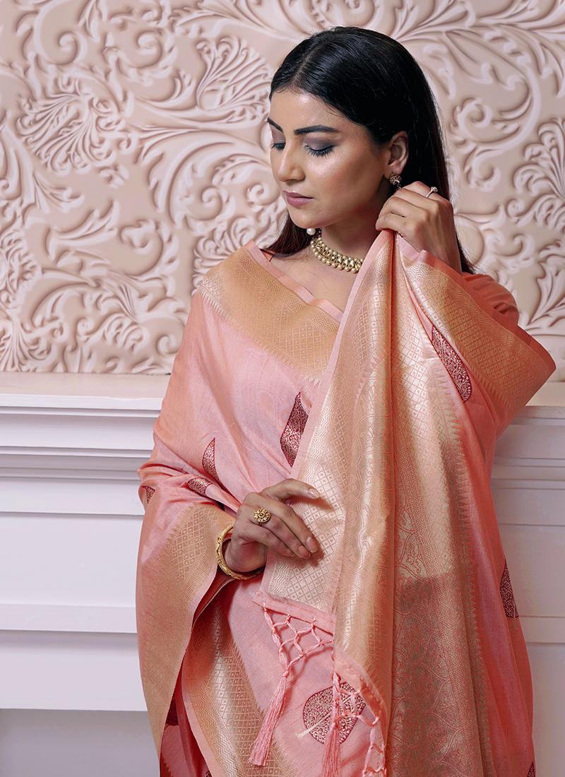 Pink Color Leaves Print Silk Saree 2025 Unisex Cheap Pice