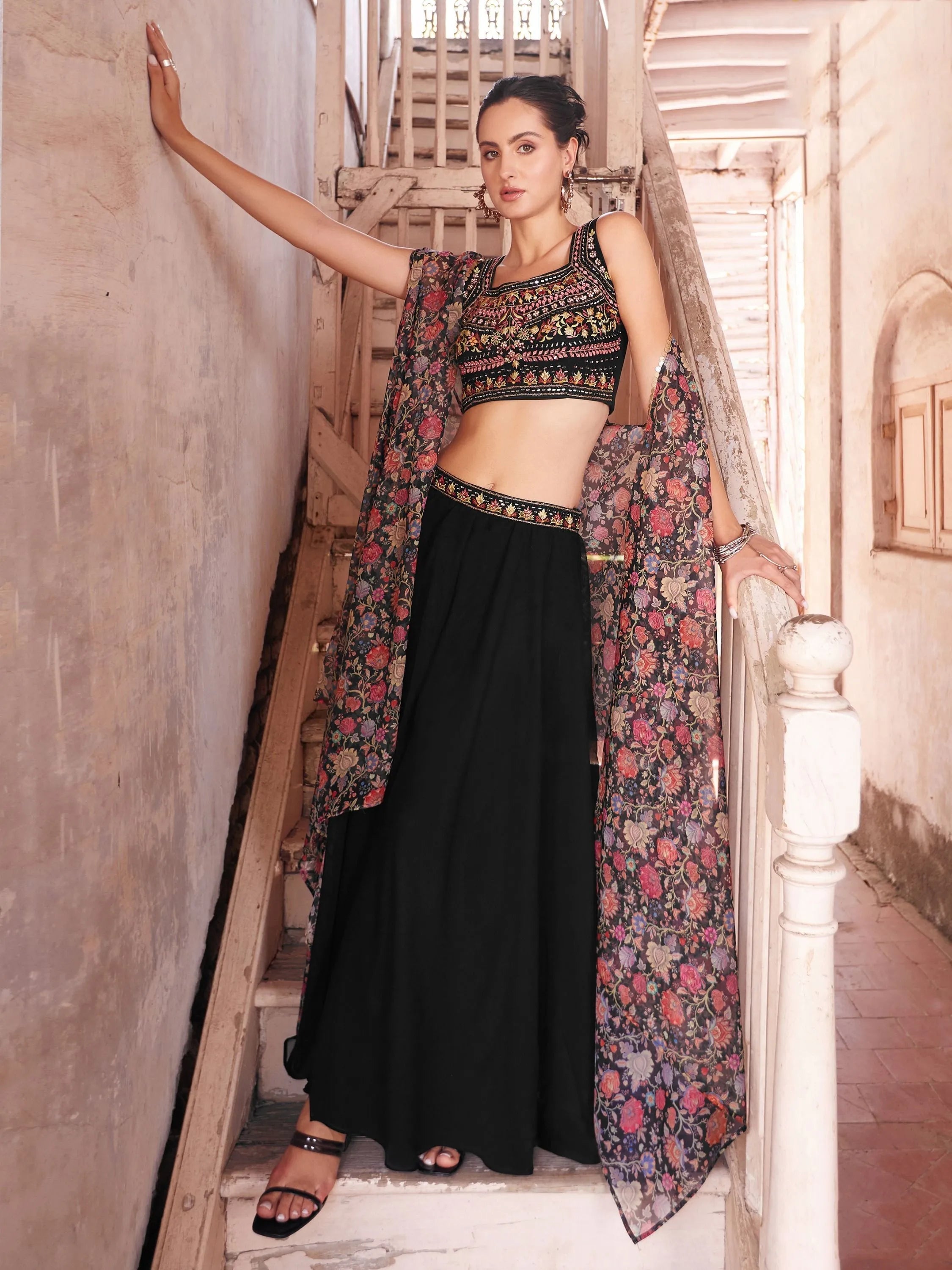 Sophisticated Black Fancy Fabric Palazzo Suit with Designer Top Free Shipping For Sale