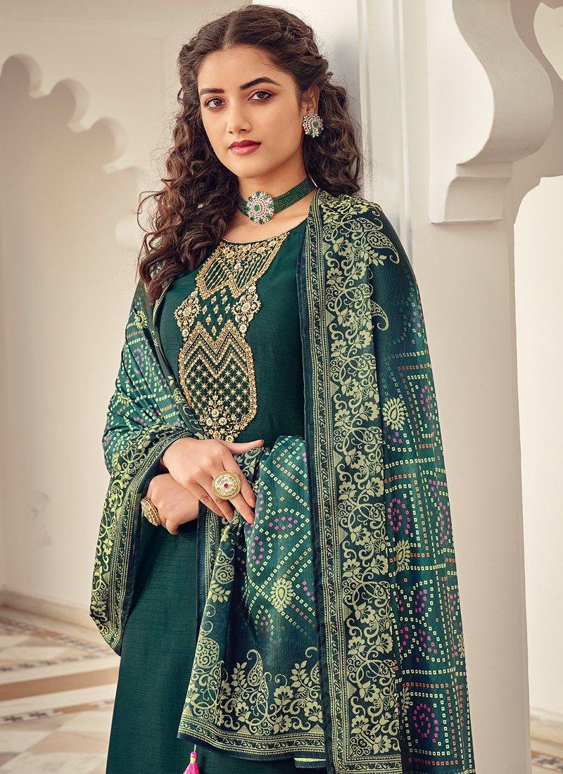 Dark Green Color Art Silk Material Palazzo Salwar Suit With Printed Dupatta Buy Cheap With Credit Card