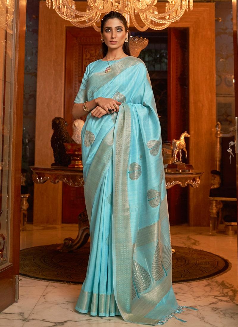 Sky Blue Color Silk Fabric Saree With Silk Weave And Sequins Embroidery 2025 Newest Online