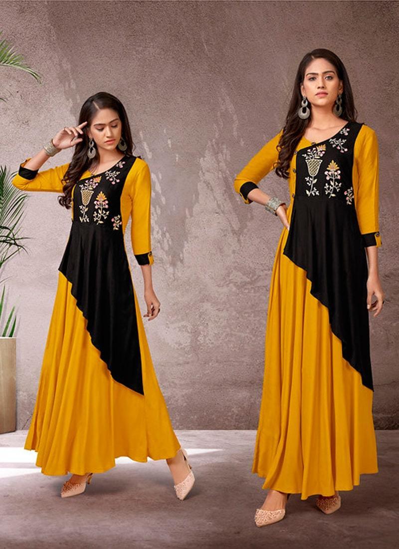 Mustard Yellow Color Cotton Fabric 3/4th Sleeves Long Kurti Discounts