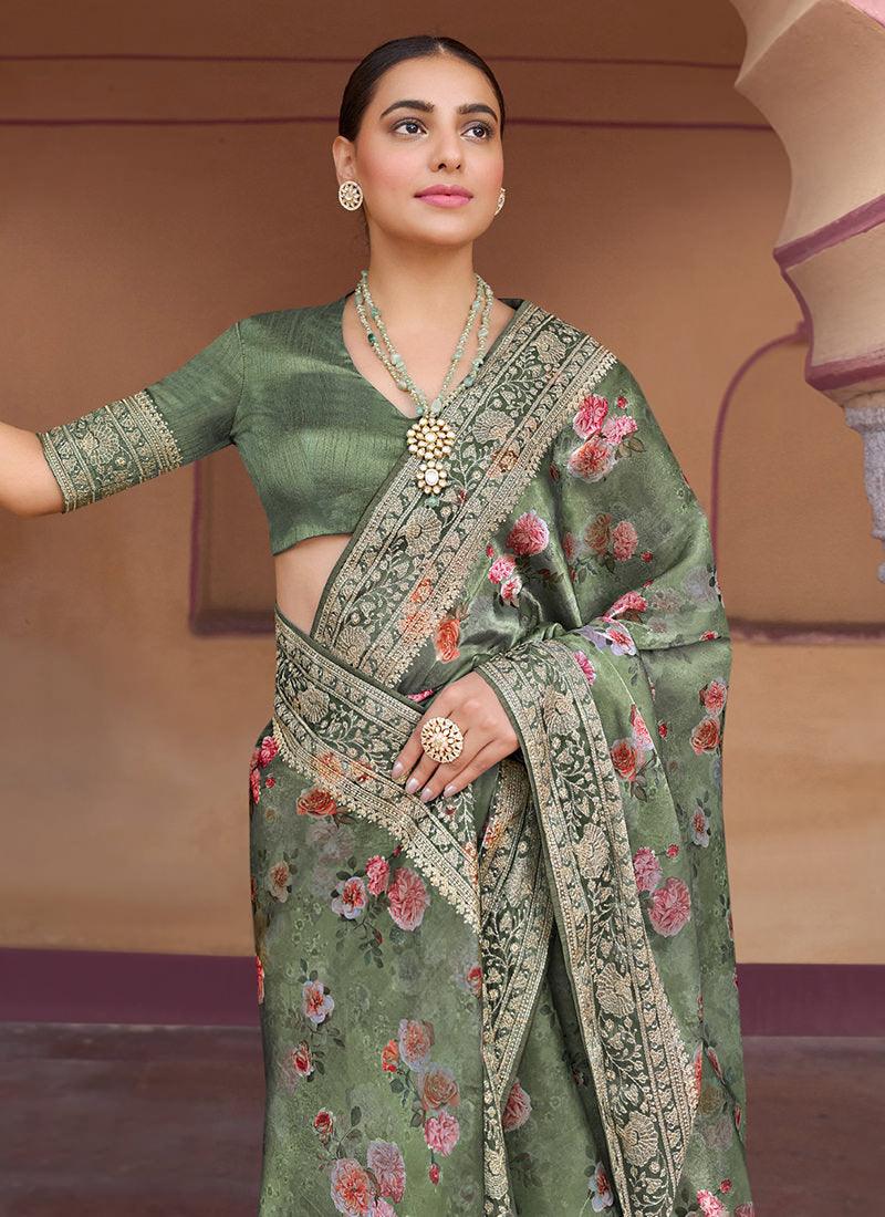 Embroidered Green Organza Floral Saree Buy Cheap Limited Edition