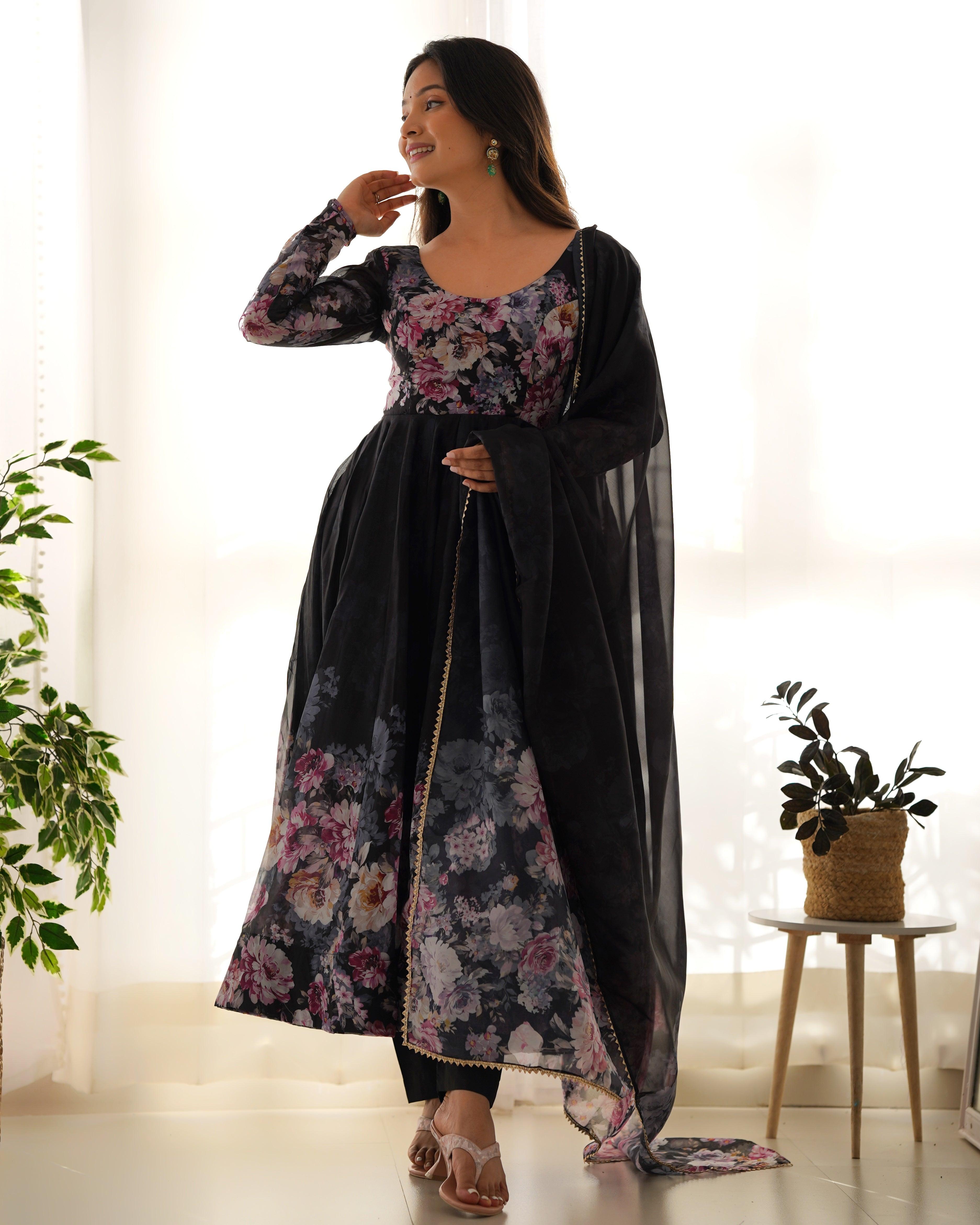 Black Organza Printed Anarkali Suit With Dupatta Sale Shop Offer