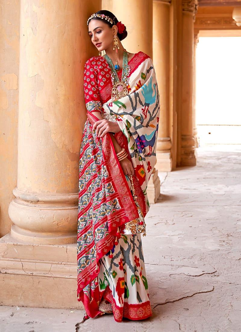 Designer Off-White Color Silk Base Swarovski Work Printed Saree Best Place Cheap Pice