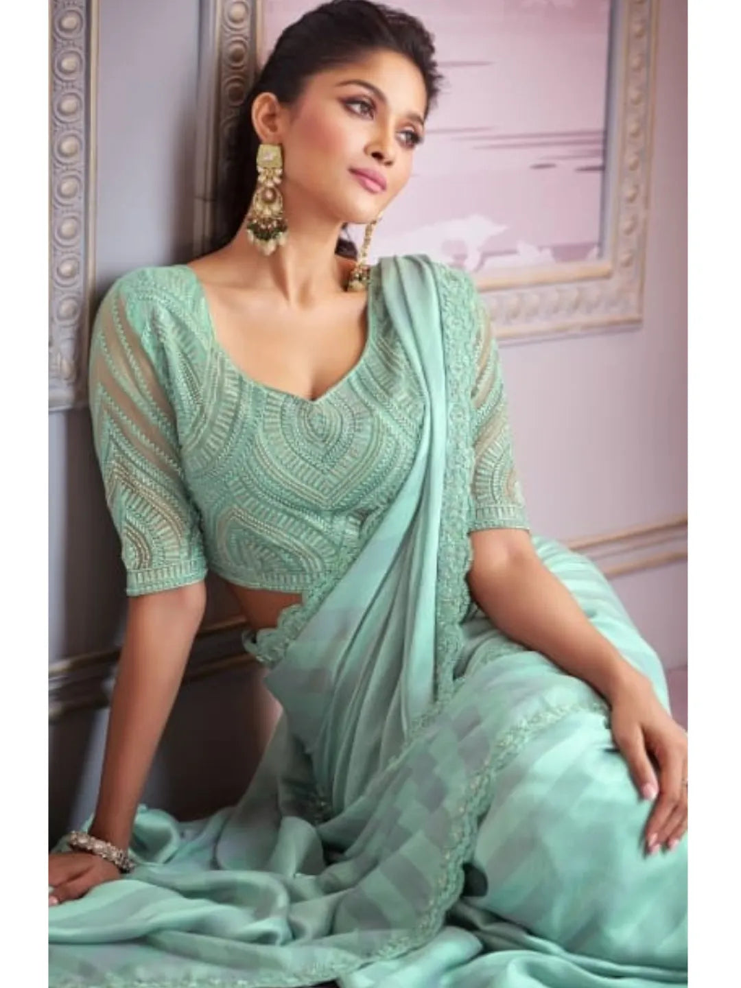 Mesmerizing Sea Green Chiffon Embroidered Saree Cheap Sale Professional