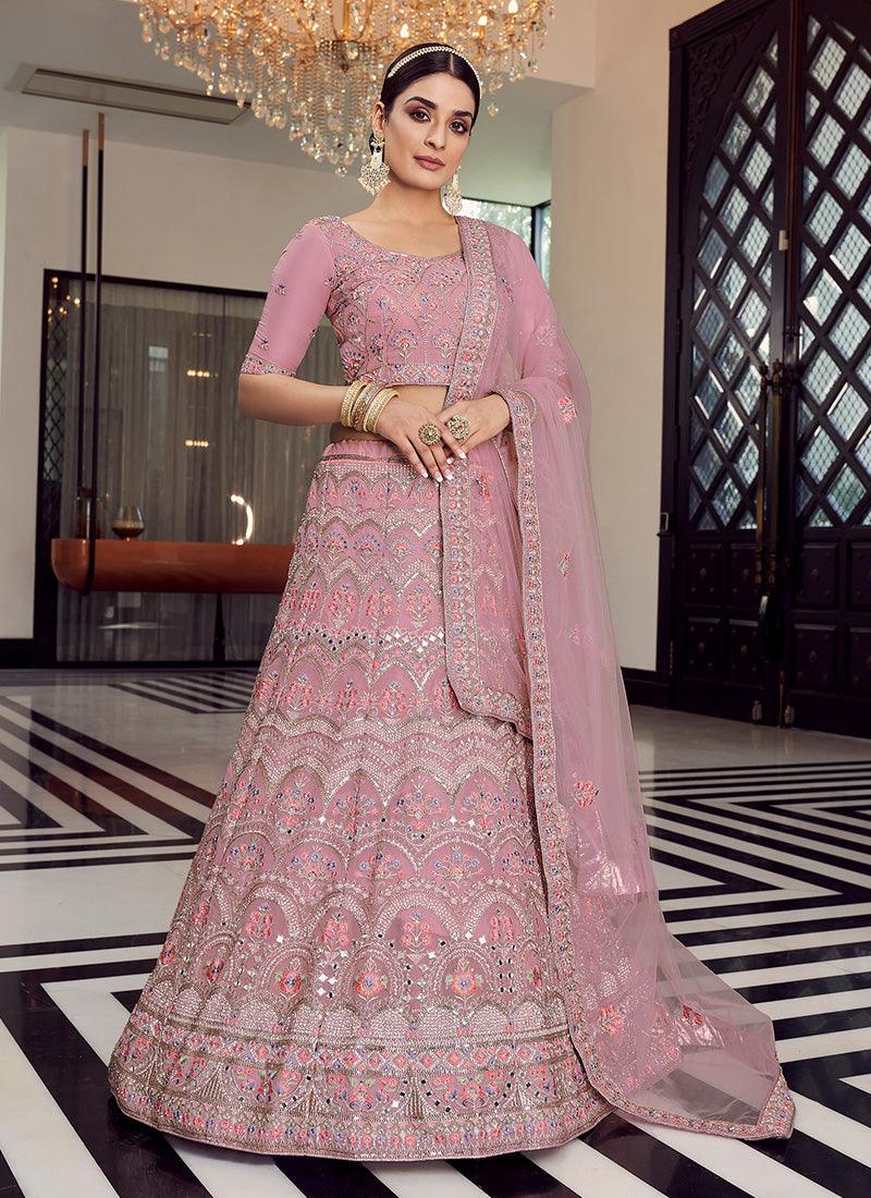 Ceremonial Pink Color Thread And Mirror Work Kalidar Lehenga Choli Choice Online