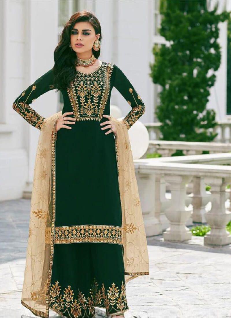 Impressive Dark Green Color Pakistani Suit With Georgette Fabric Clearance How Much