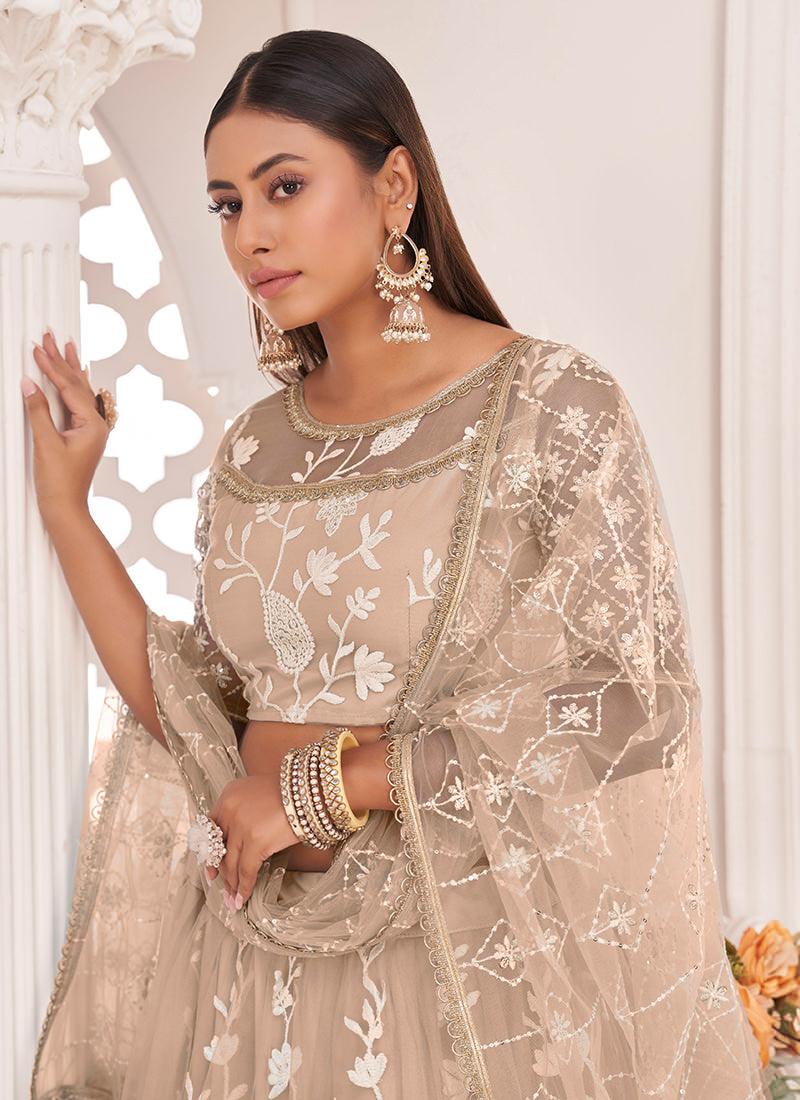 Embroidered Beige Soft Net Lehenga Clearance Classic