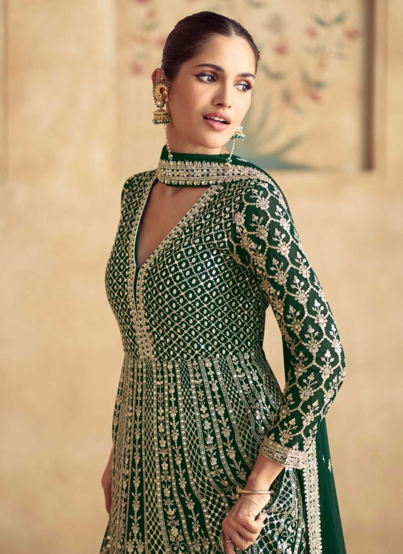 Designer and Stylish Dark Green Embroidered Anarkali Suit Discount Low Shipping Fee