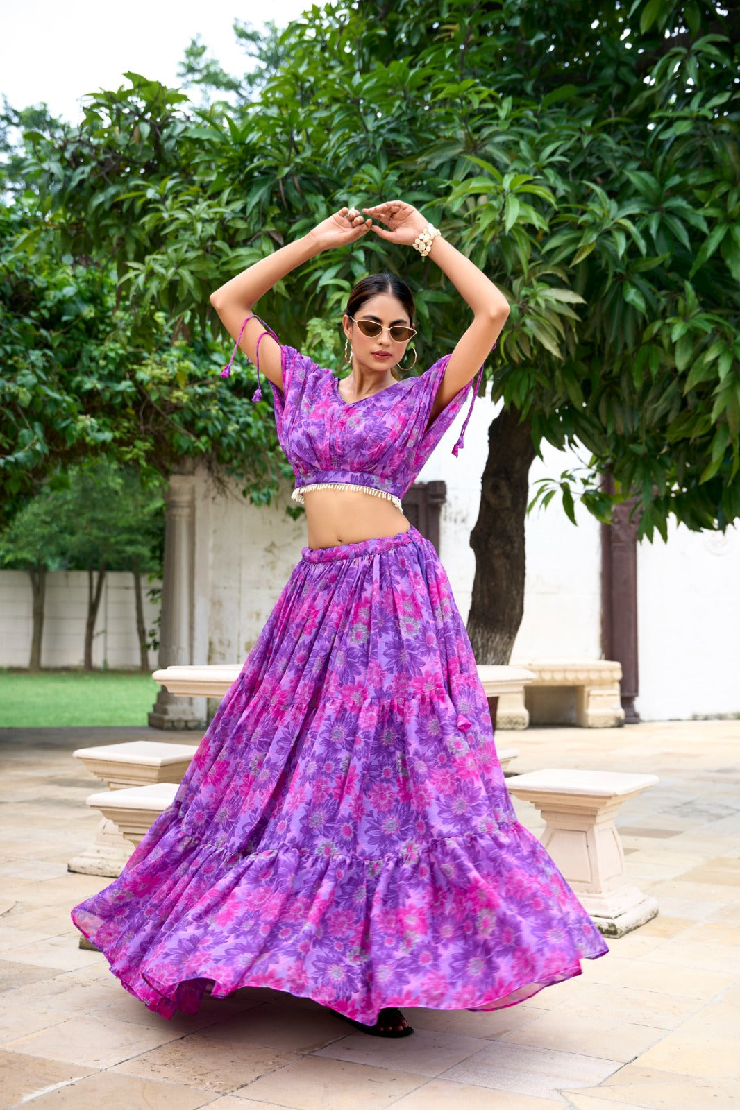 Elegant Chiffon Purple Floral Printed Lehenga Choli Cheap Shop