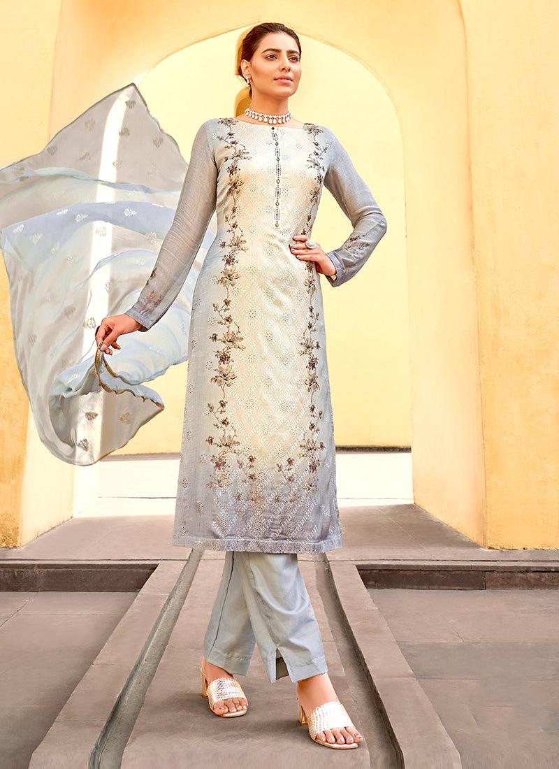 Grey Color Art Silk Base Resham Work Printed Pant Style Suit Discount Outlet Locations