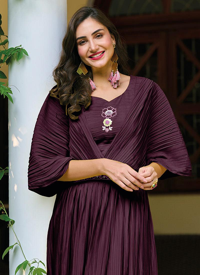 Batwing Sleeves Wine Crush Kurti With Belt Outlet Low Pice Fee Shipping