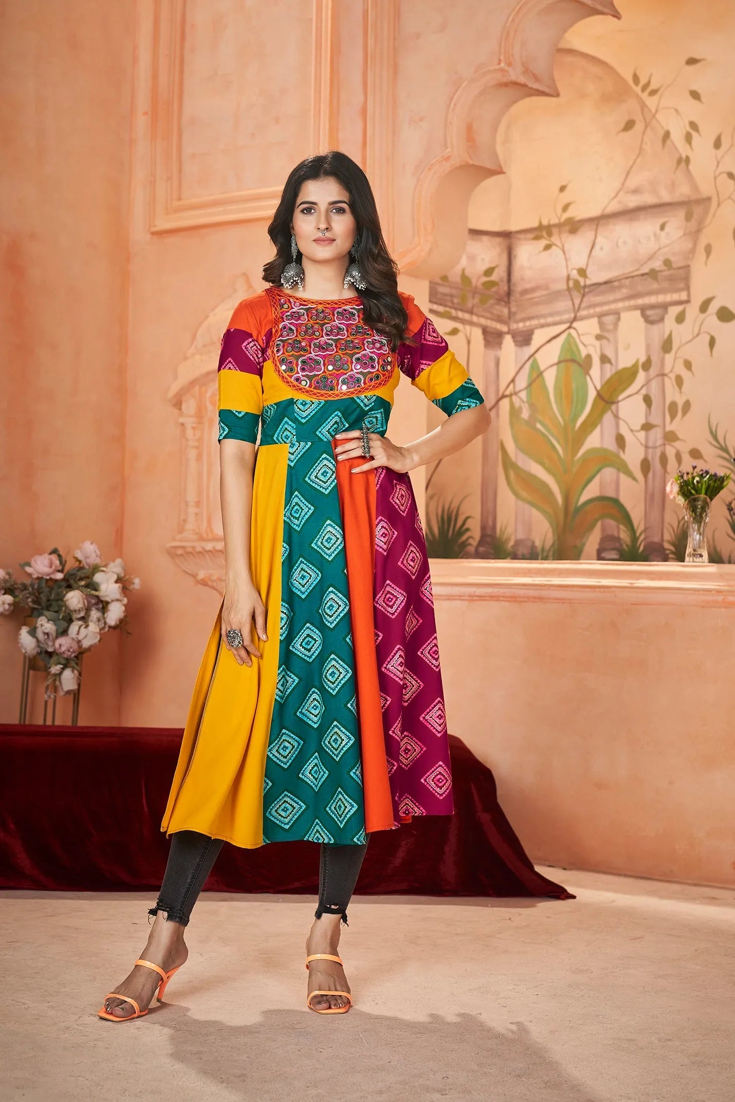 Navratri Wear Multi Colored Rayon Printed Embroidered Kurti Best Wholesale Sale Online