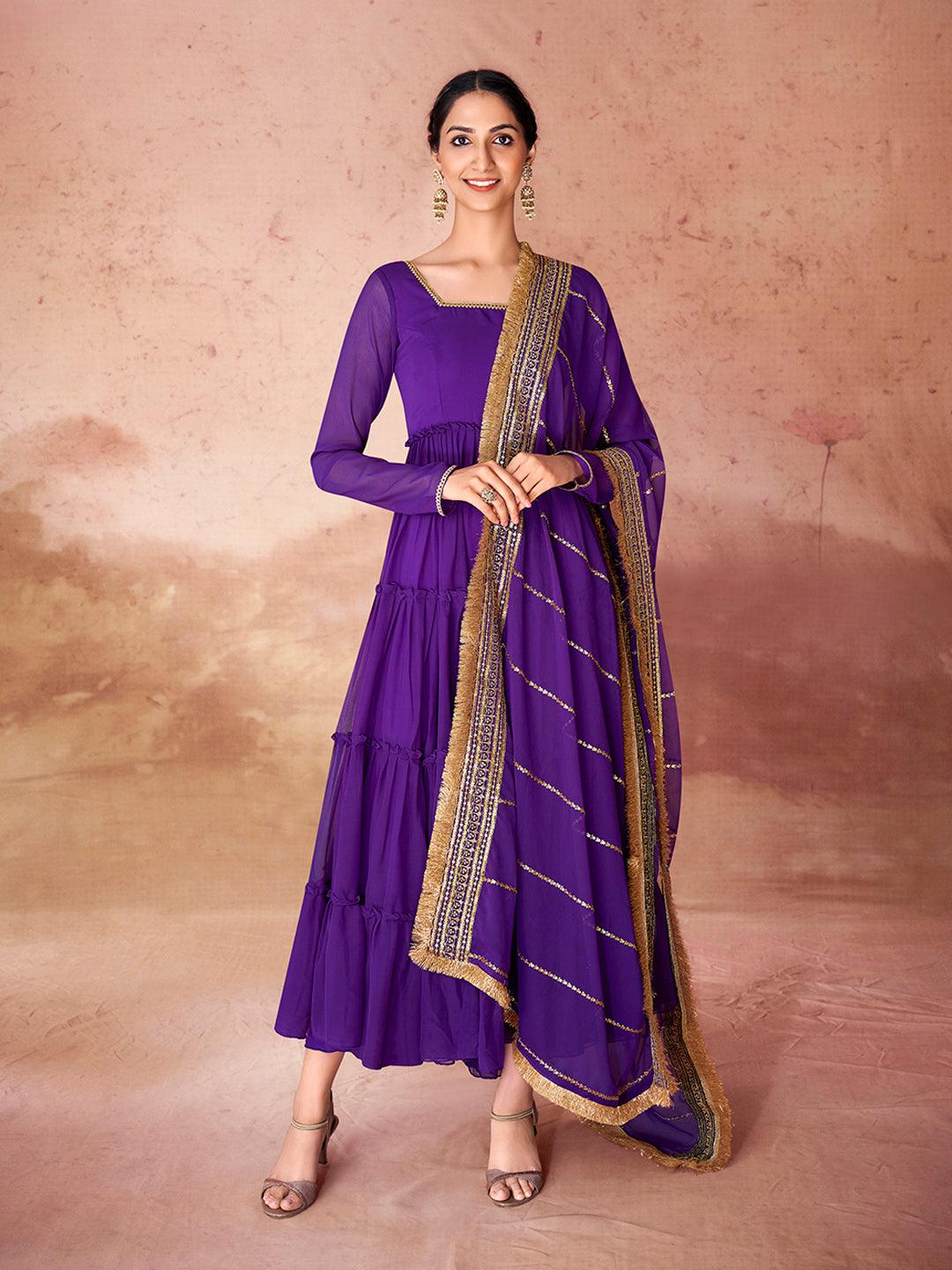 Purple Color Ruffle  Anarkali Gown with Dupatta Deals Online