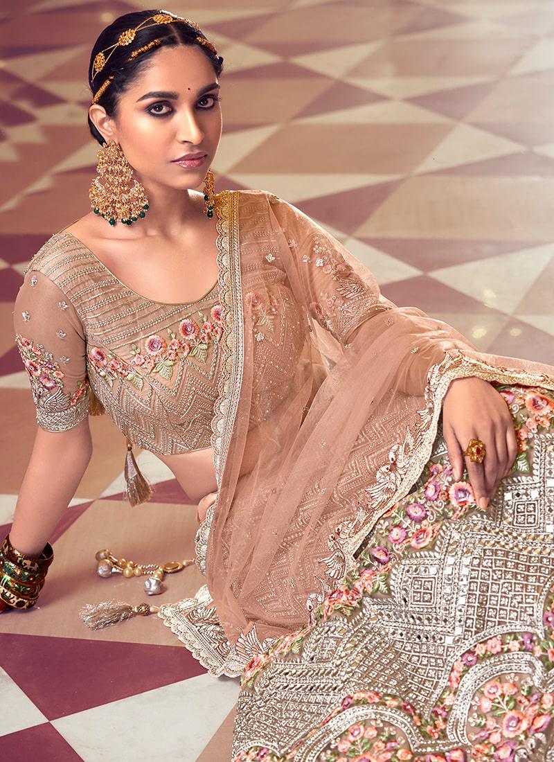 Heavy Zarkan And Mirror Work Dusty Peach Color Bridesmaid Lehenga Choli With Credit Card Online