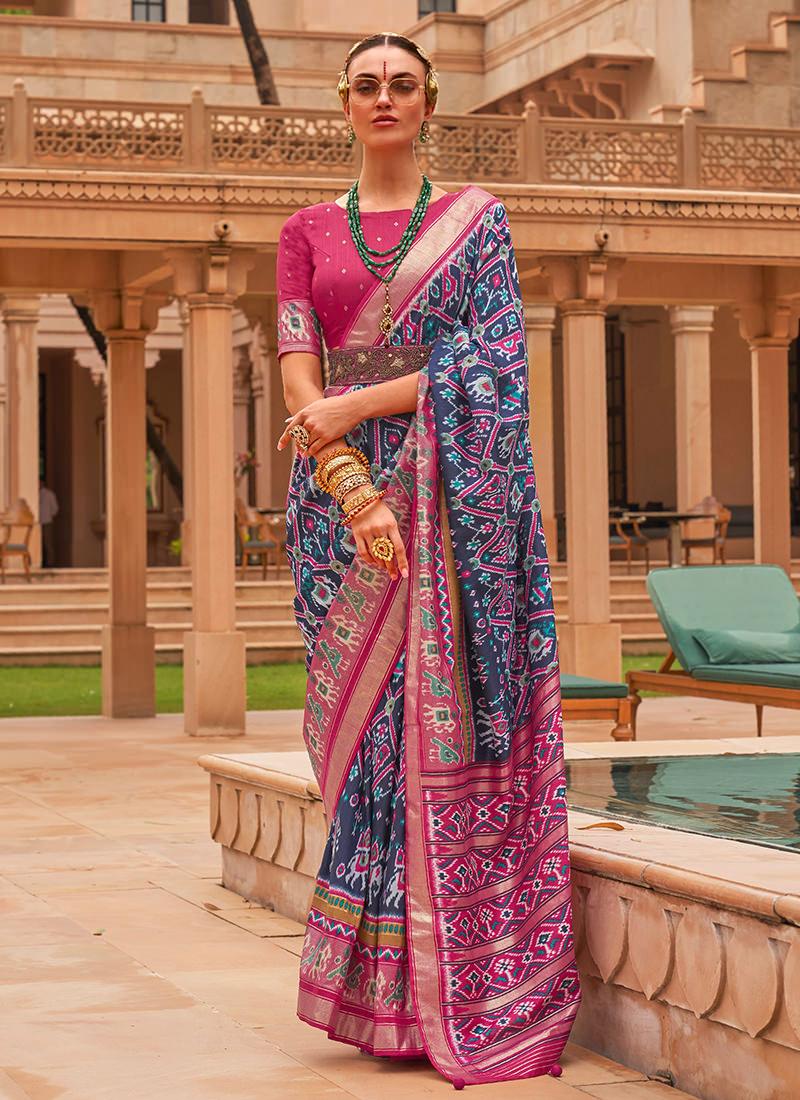 Blue Smooth Silk Foil Print With Patola Saree With Paypal Free Shipping