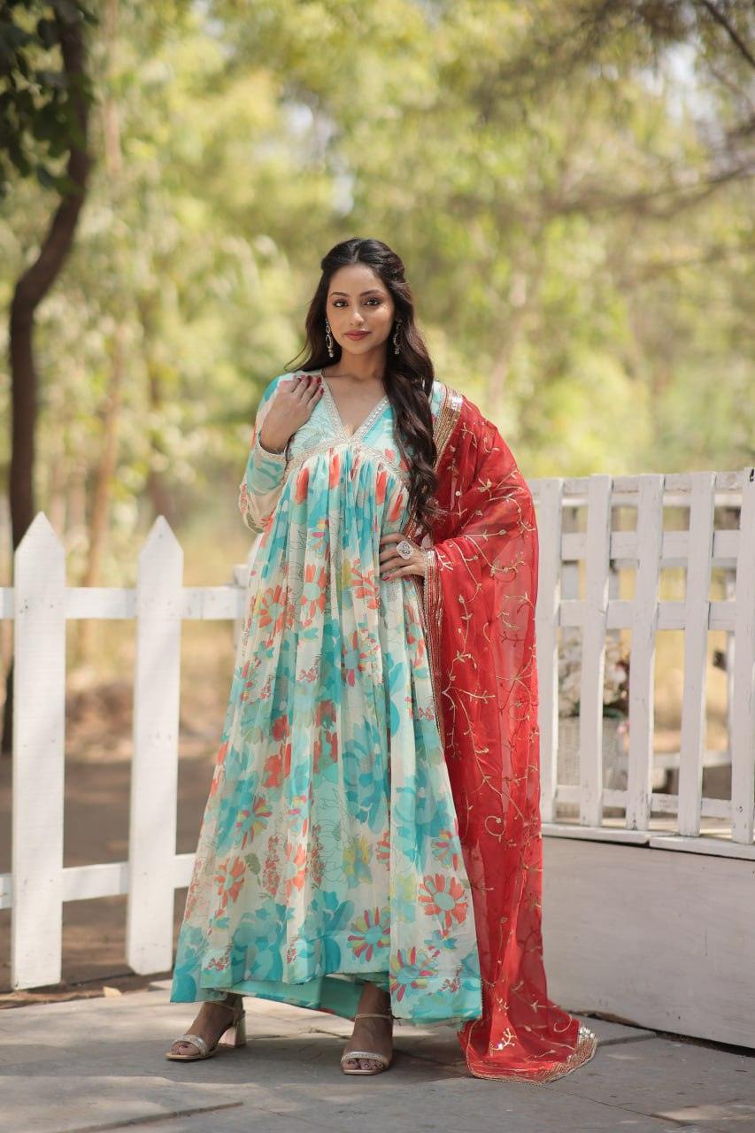 Amazing Russian Silk Floral Digital Printed Gown With Dupatta View For Sale