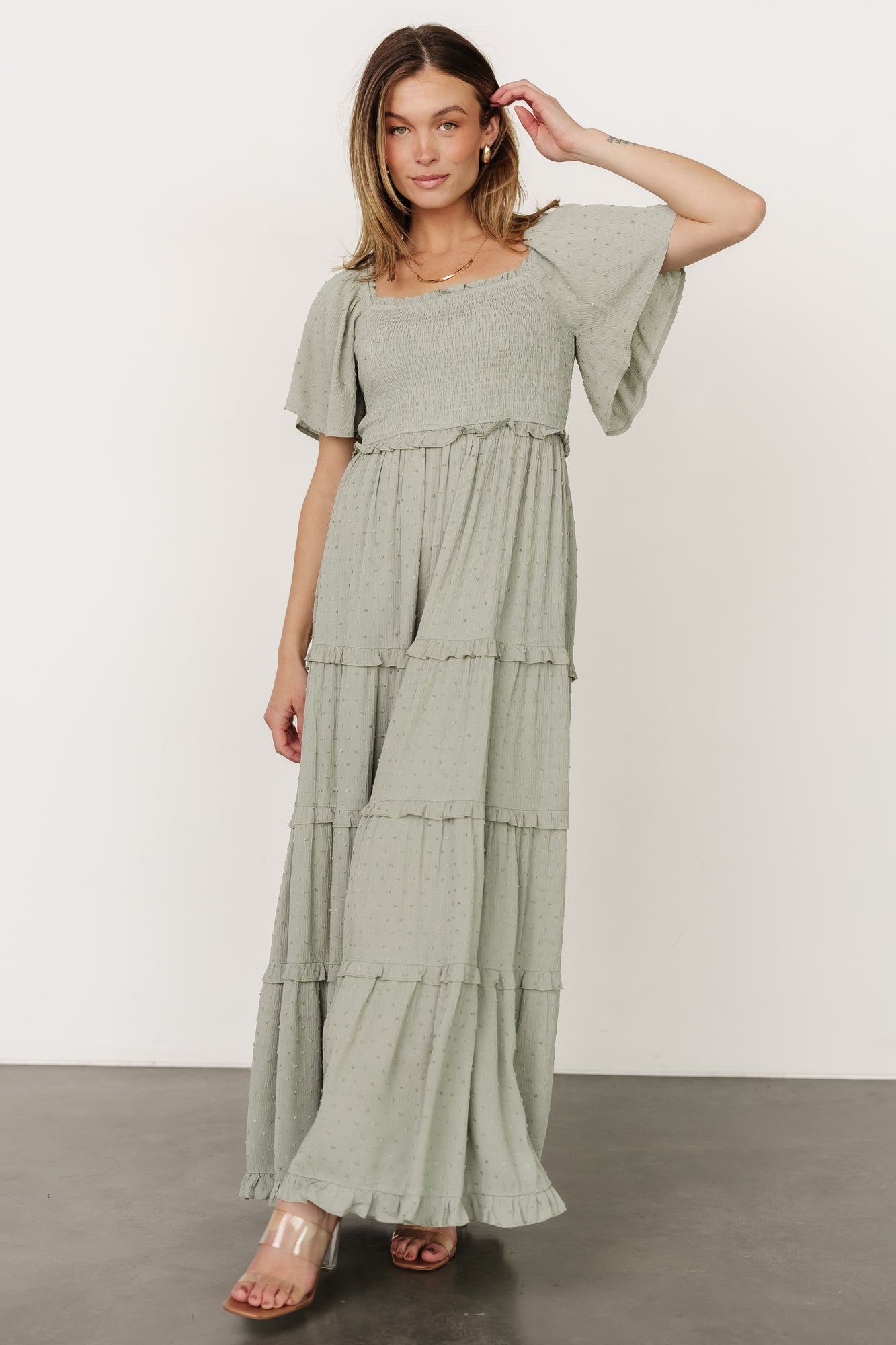 Lenora Smocked Dotted Maxi Dress | Sage Cheap Sale Popular