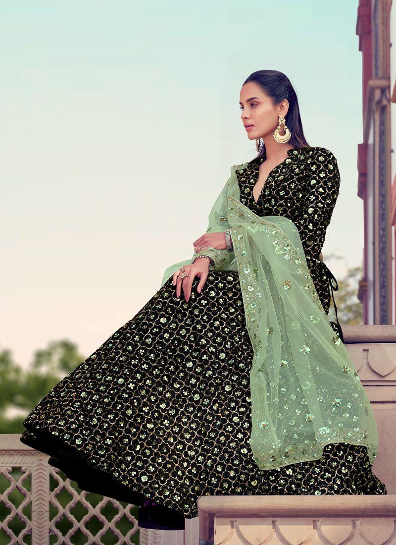 Gorgeous Look Black Color Lehenga Choli With Green Color Dupatta The Cheapest