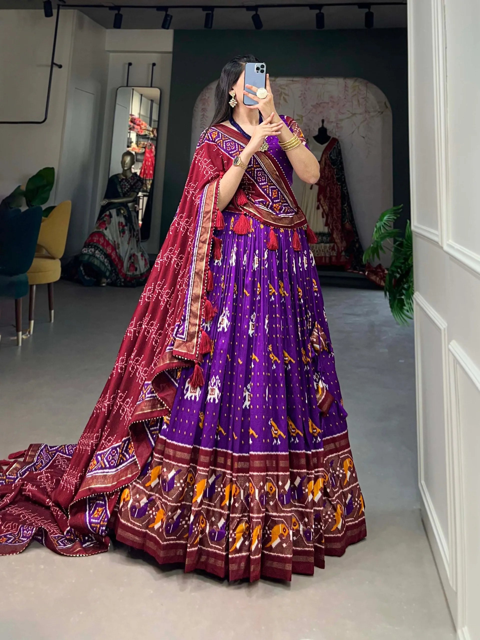 Amazing Purple Colored Tussar Silk Patola Printed Lehenga Choli Buy Sale Online