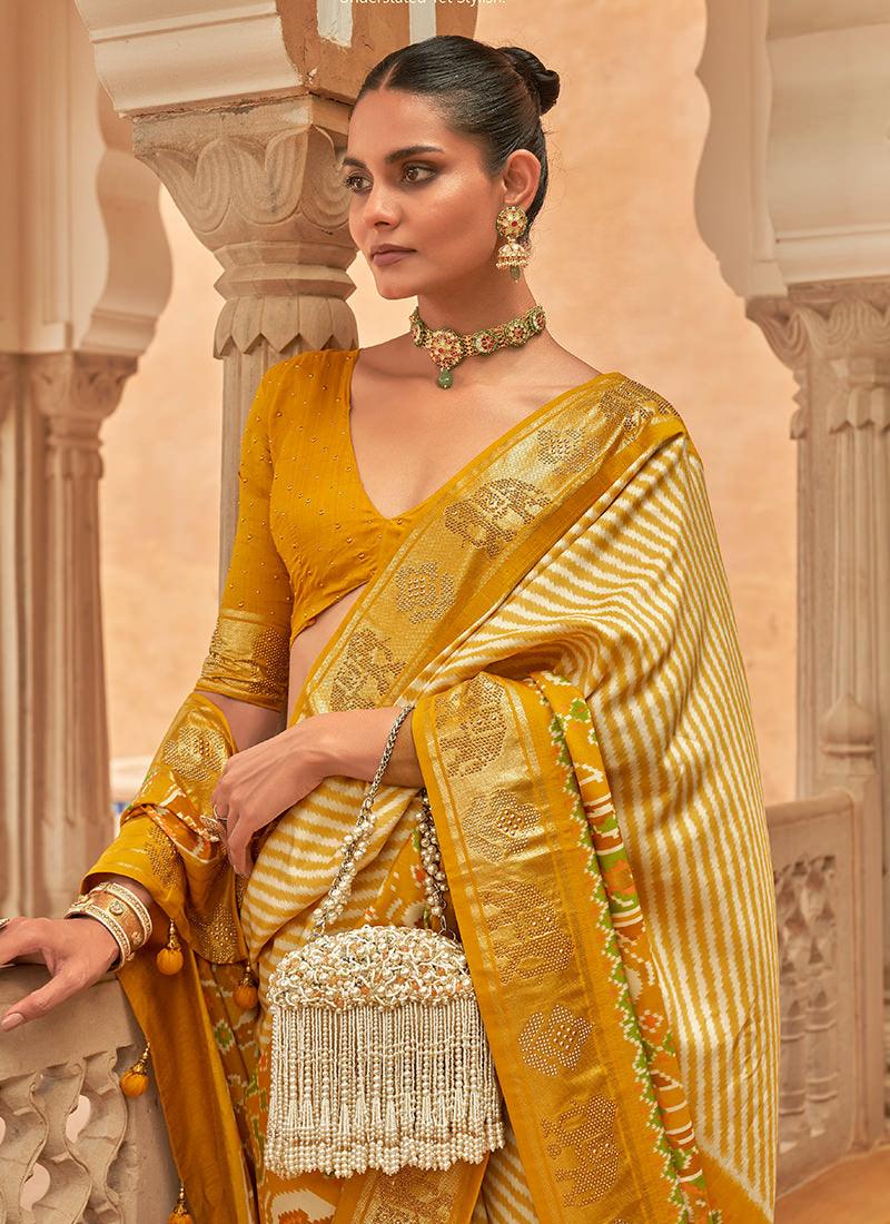 Mustard Yellow Pure Silk Patola Saree Pices Online