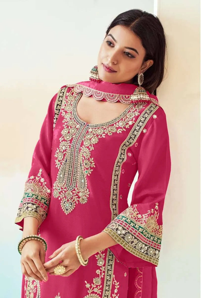 Elegant Pink Chinon Embroidered Palazzo Suit Cheap Pick A Best