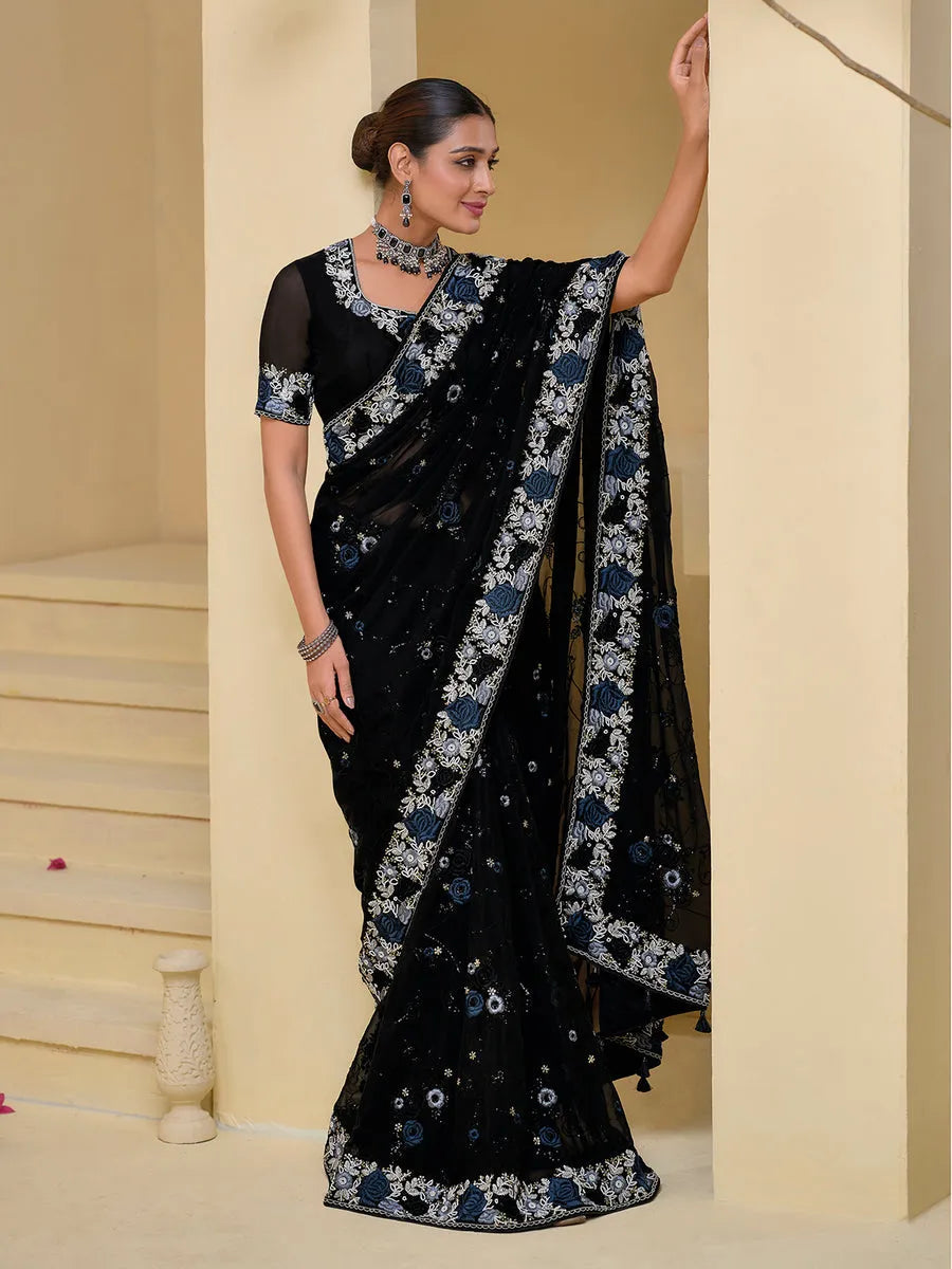 Astonishing Black Banarasi Silk Embroidered Saree Outlet Explore