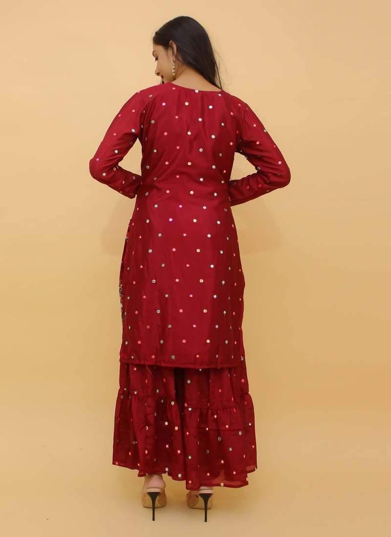 Attractive Look Georgette Fabric Red Color Resham Work Sharara Salwar Suit Cost For Sale