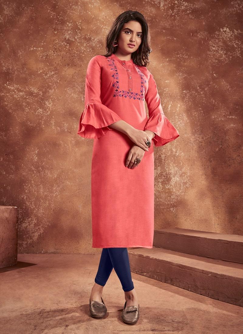 Sumptuous Look Peach Pink Color Cotton Fabric Embroidered Kurti Grey Outlet Store Online