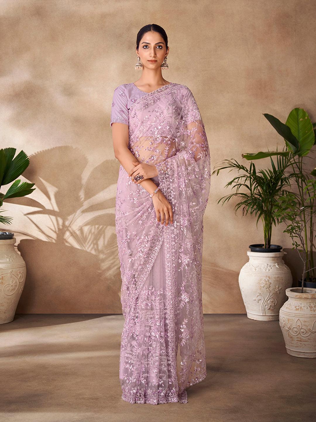 Lilac color Embroidered and zarkan work saree 2025 New Cheap Online