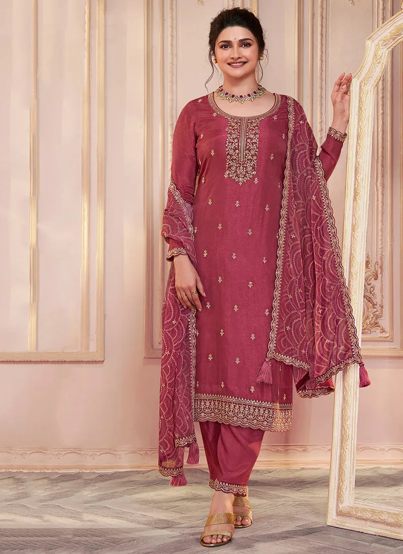 Pinkish Red Georgette Silk Sequins Embroidered Straight Suit The Cheapest