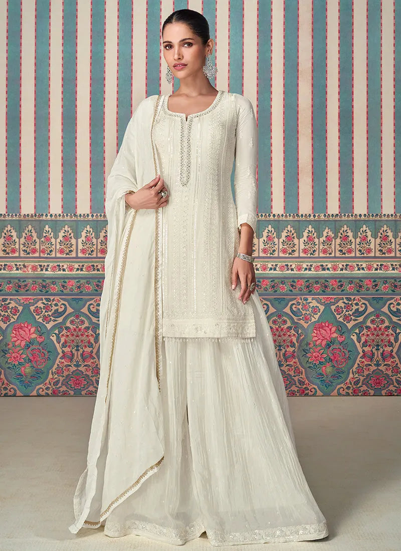 Exquisite Pearl White Embroidered Chinon Sharara Suit Buy Cheap Best Wholesale