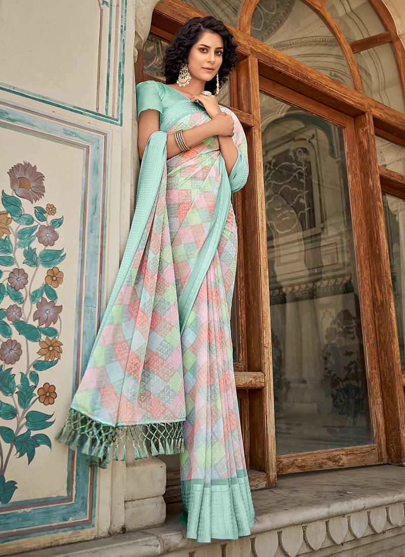 Check Patterned Short Flutter Sleeves Printed Saree Nicekicks