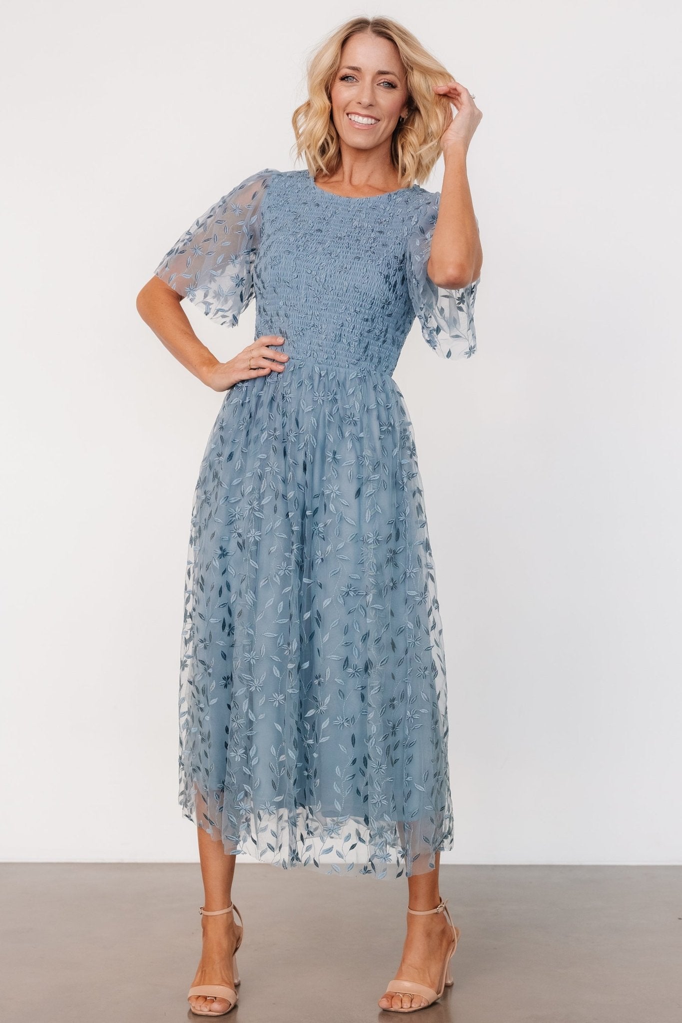 Kendra Embroidered Dress | Dusty Blue Deals Cheap Pice