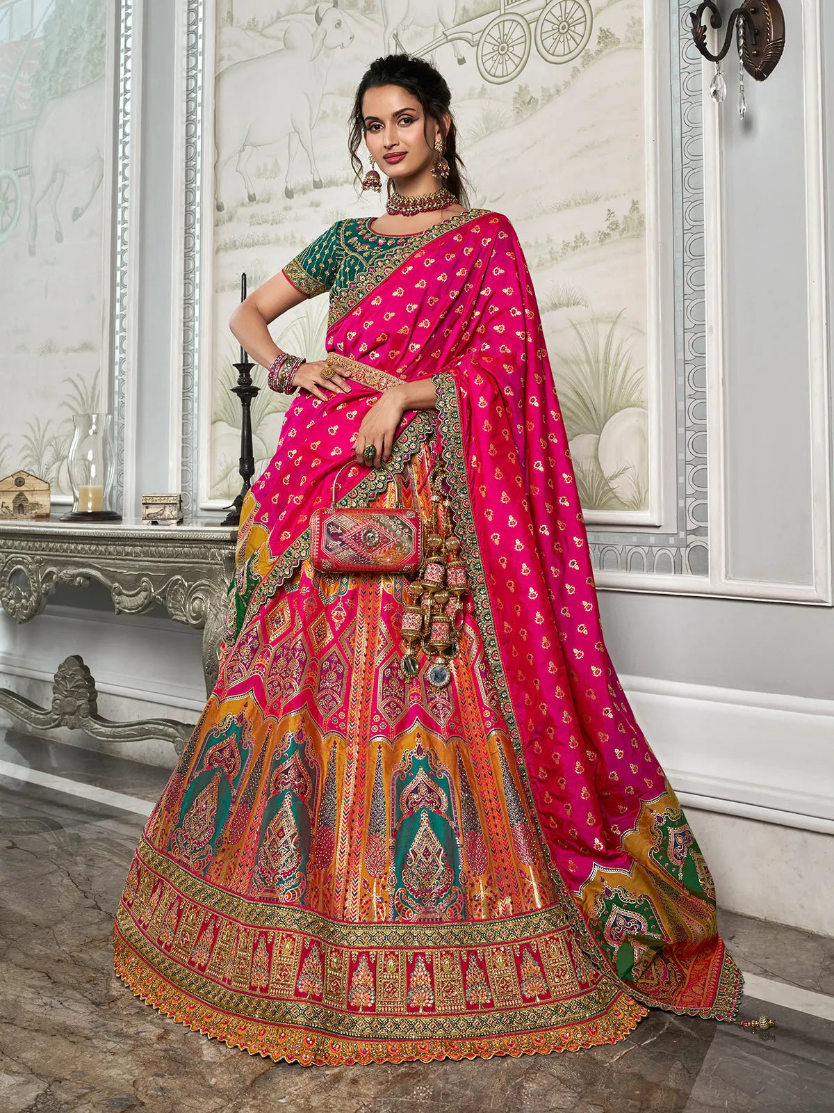 Designer Pink-Green Banarasi Silk Bridal Lehenga Choli Set Discount Eastbay