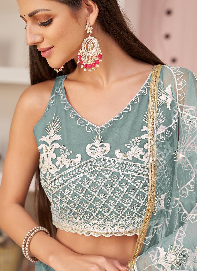 Net Base Dusty Blue Lehenga Choli Sale Latest