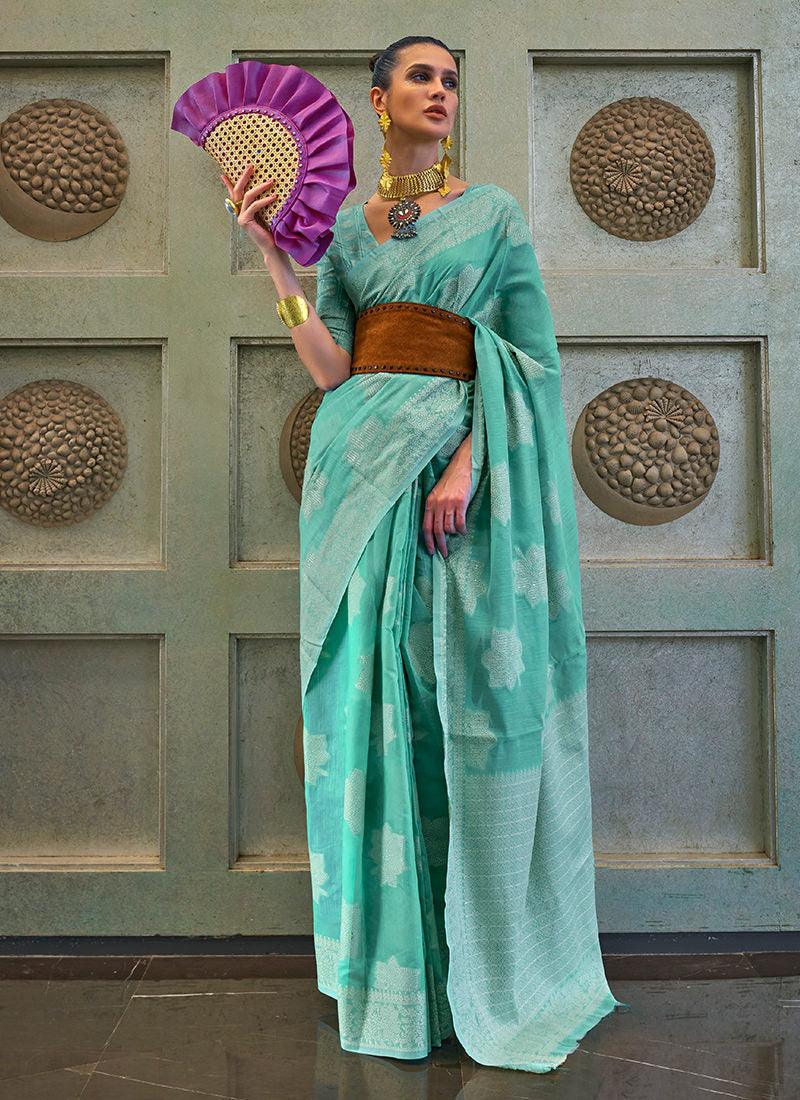 Turquoise Color Lucknowi Silk Classic Saree Big Discount For Sale