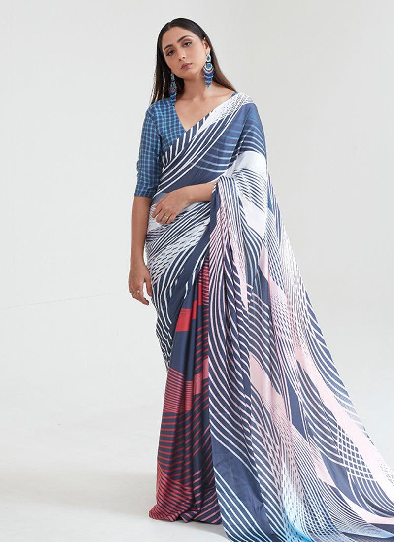 Partywear Blue Color Satin Fabric V-Neck Blouse Printed Saree Pices Online