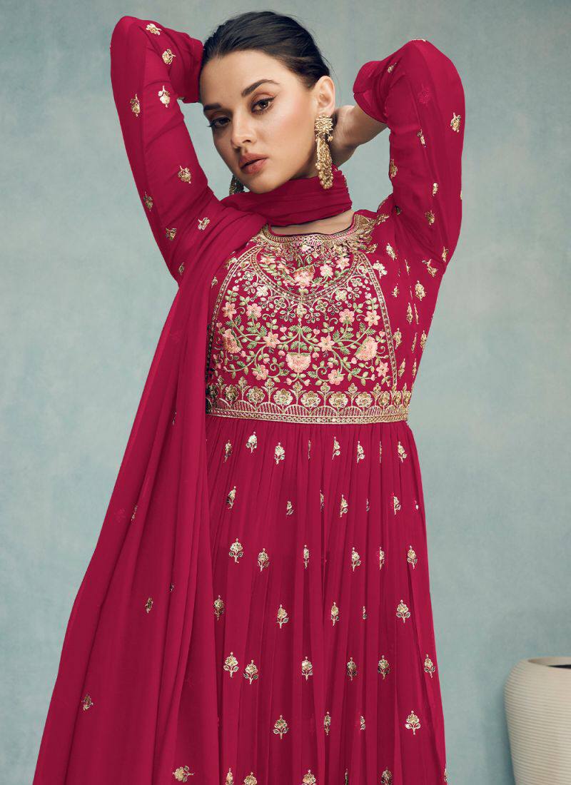 Ravishing Red Embroidered Faux Georgette Palazzo Suit Comfortable Cheap Pice