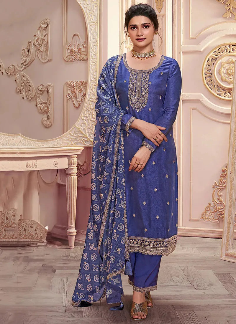 Twilight Blue Colored Embroidered Straight Salwar Kameez 100% Original