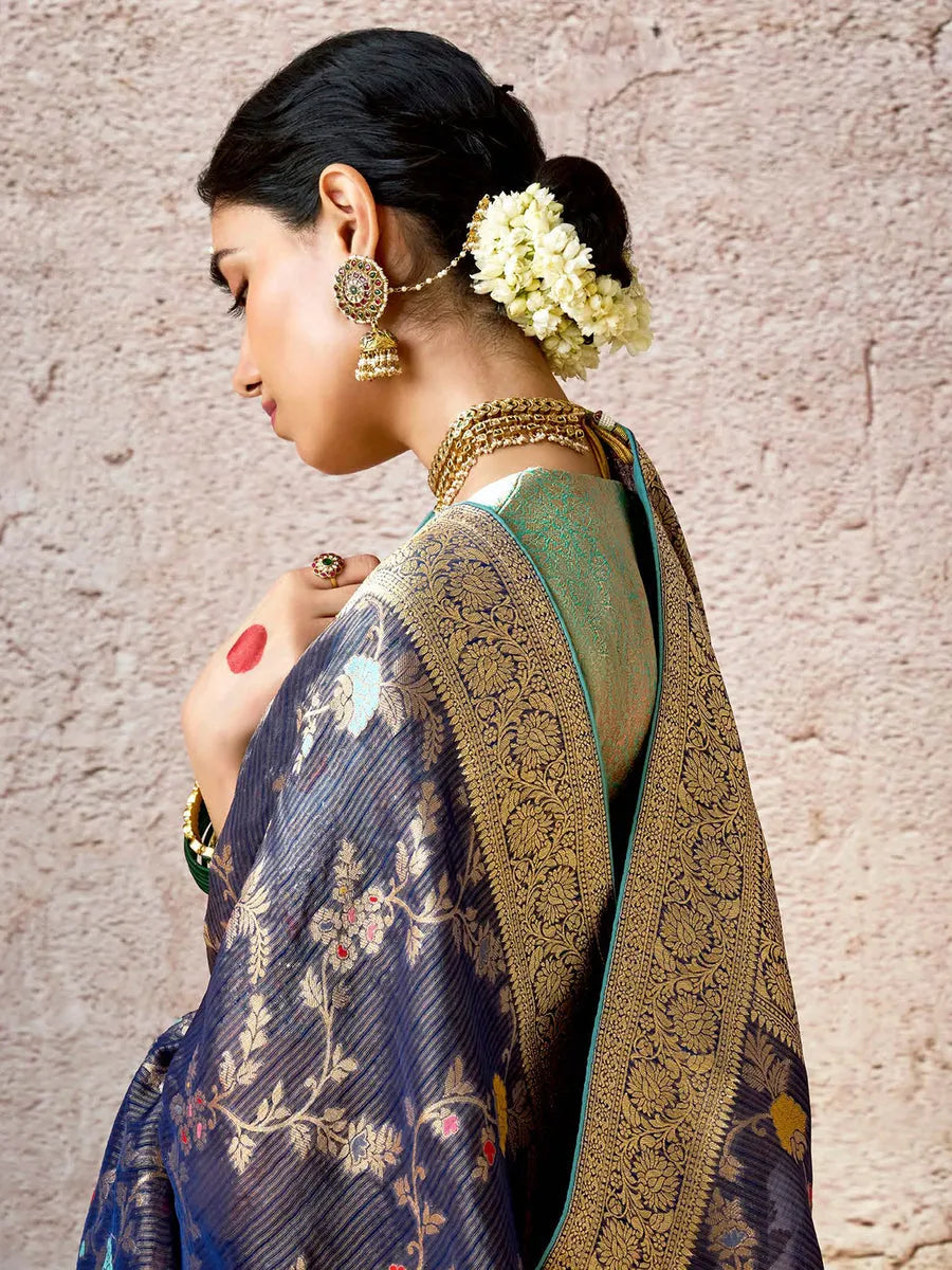 Ravishing Navy Blue Banarasi Silk Saree Floral Embroidered Clearance In China