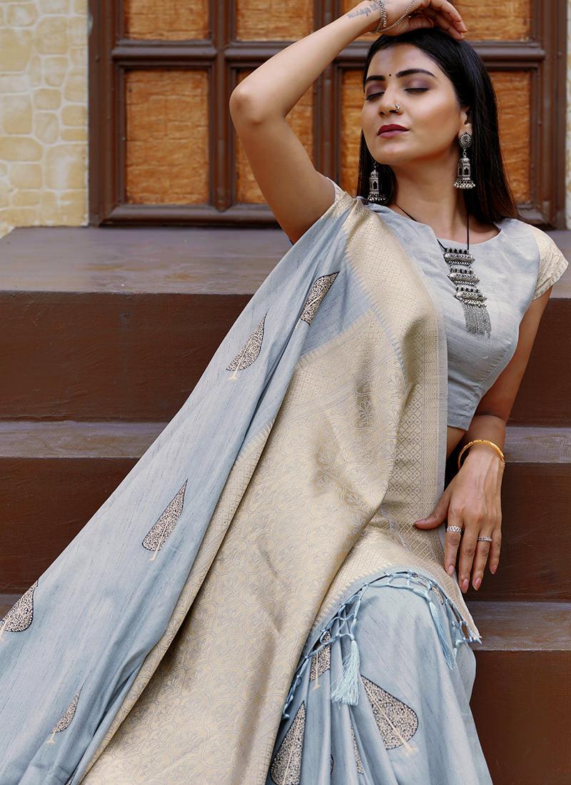 Grey Color Leaves Print Silk Saree Get Authentic Sale Online