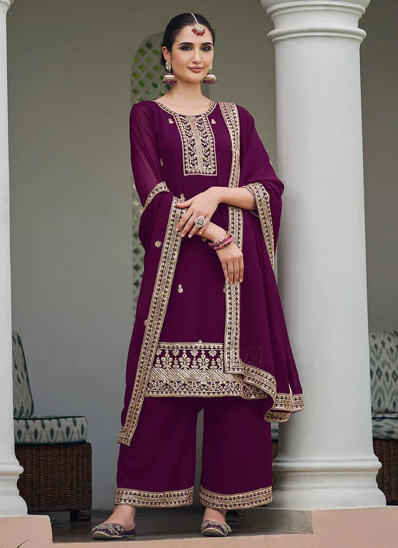 Marvelous Deep Wine Embroidered Georgette Palazzo Suit Cheap Sale Popular