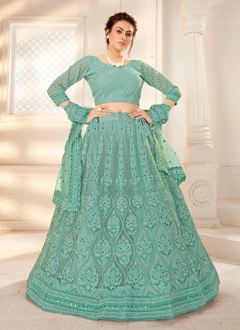 Turquoise Color Amusing Net With Silk Satin Work Wedding Wear Lehenga Choli Purchase Cheap Pice