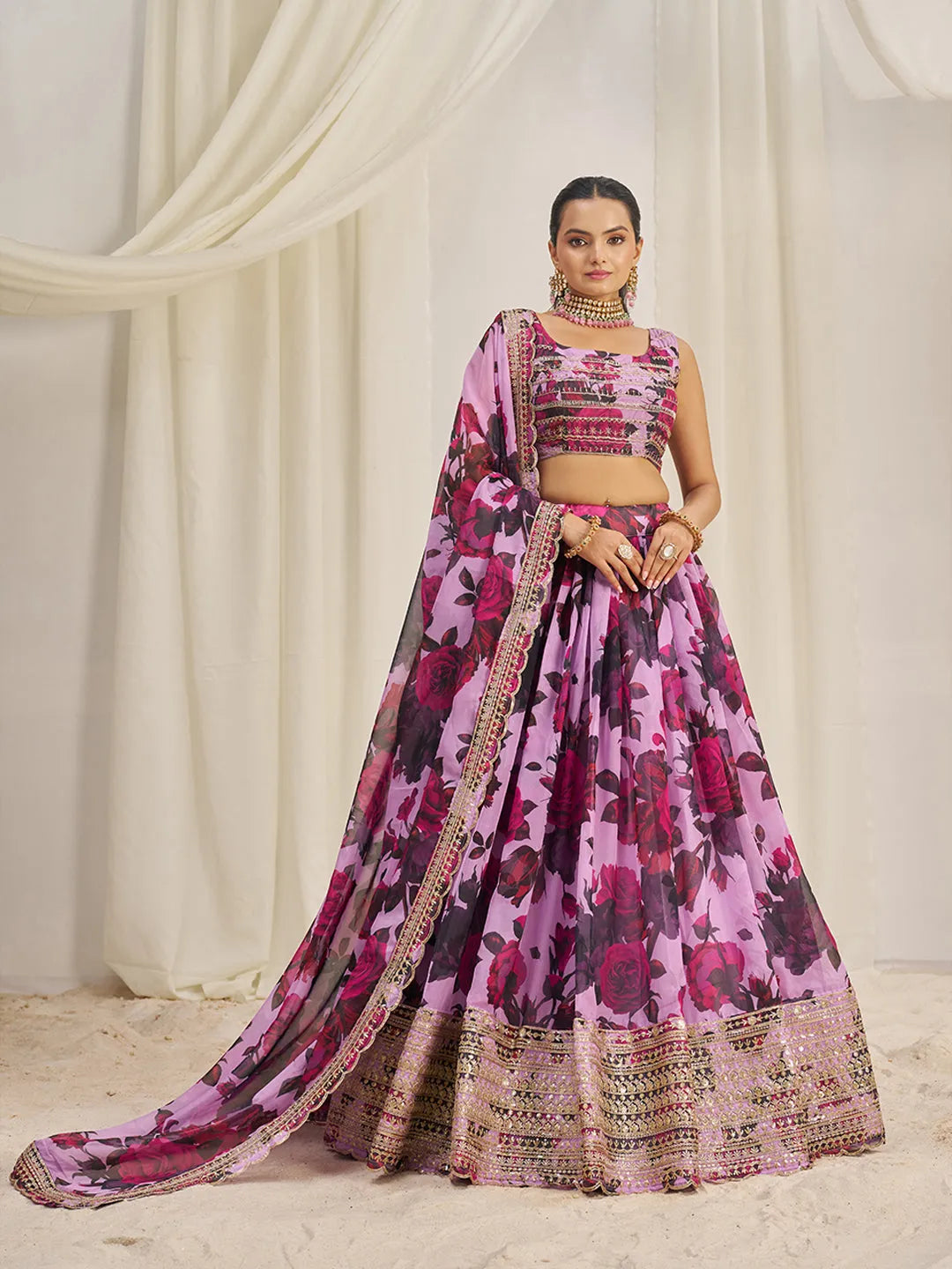 Baby Pink Organza Zari Dori Sequins Floral Lehenga Choli Set Geniue Stockist Online