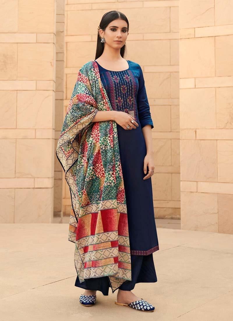 Charming Look Navy Blue Color Cotton Fabric Resham Work Palazzo Salwar Suit Sale Cheap Pices